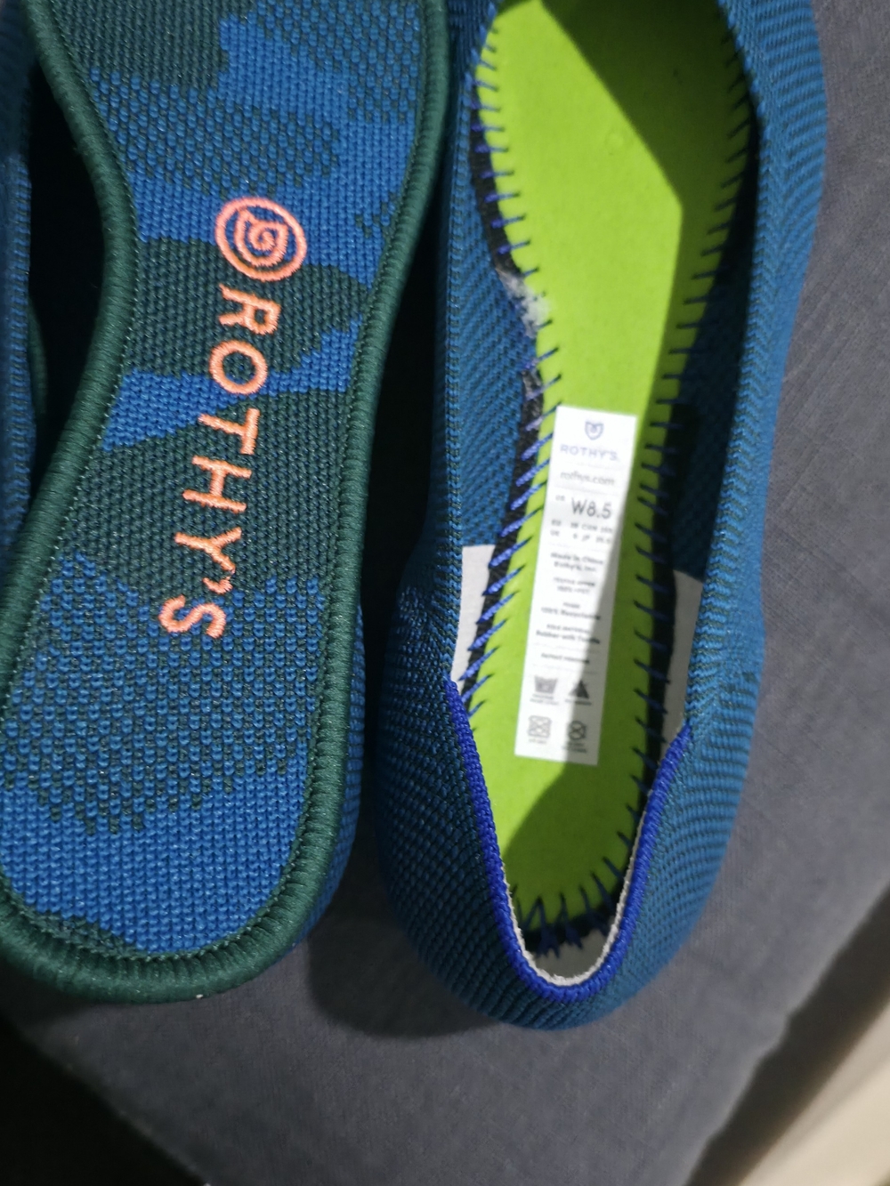 Rothy's Teal Knit Flats with Lime Insole